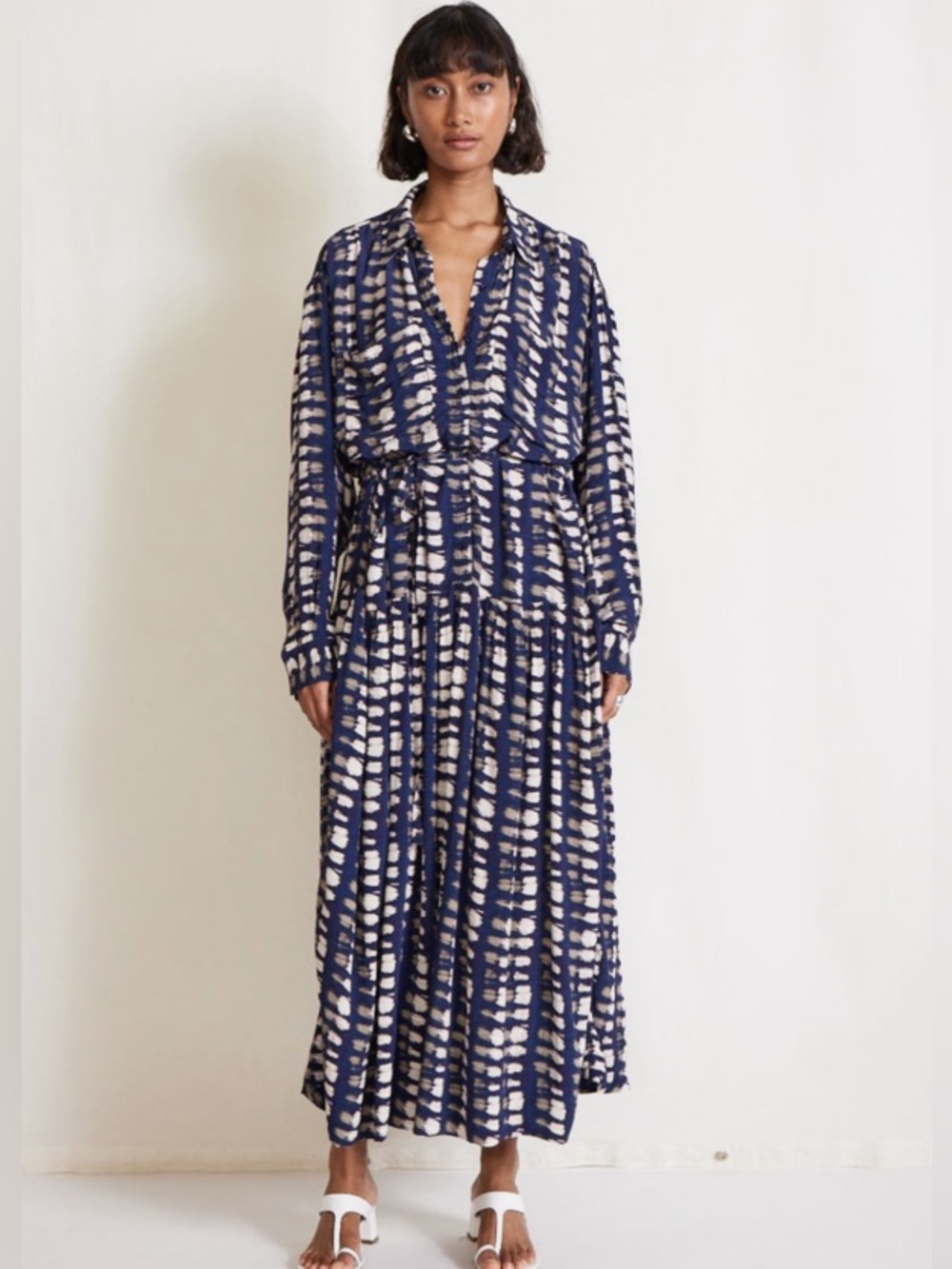 Apiece Apart Oro Maxi Shirt Dress in navy shibori, size S